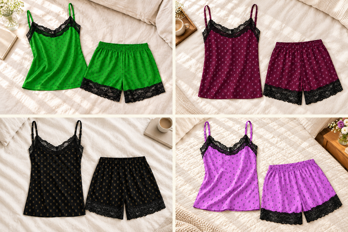 Four-panel collage of green, burgundy, black-and-gold, and purple FZ lace-trim camisole and shorts pajama sets arranged on light bedding.