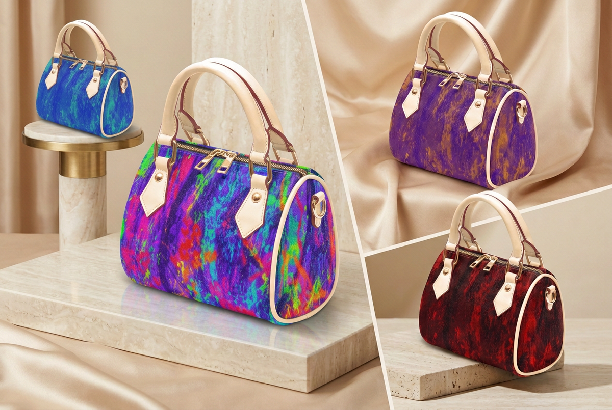 Updated Kaleeb Kolor Kollection hero with the original multicolor handbag front and center