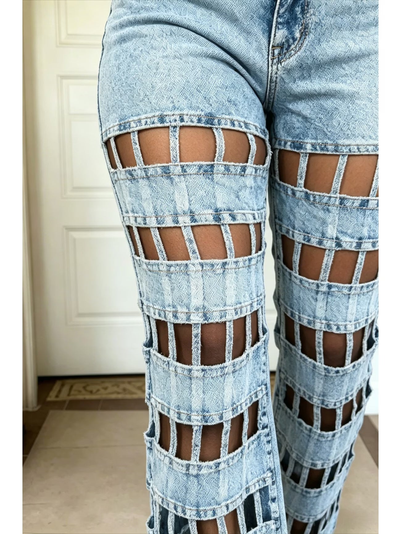FZ Women's High Waist Hollow Mesh Design Denim Pants