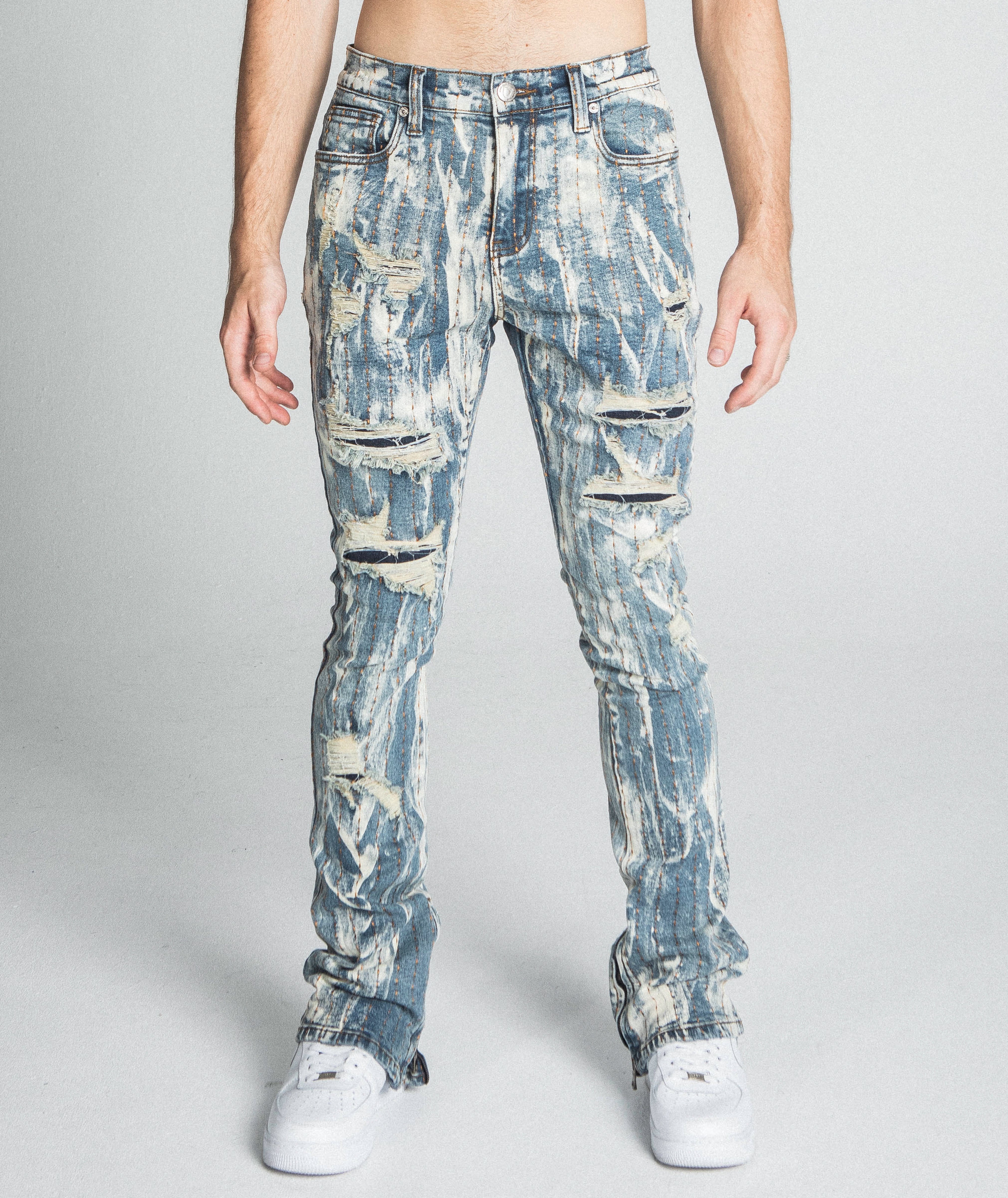 AJ17SK THREAD LINE STACKED JEANS PANTS