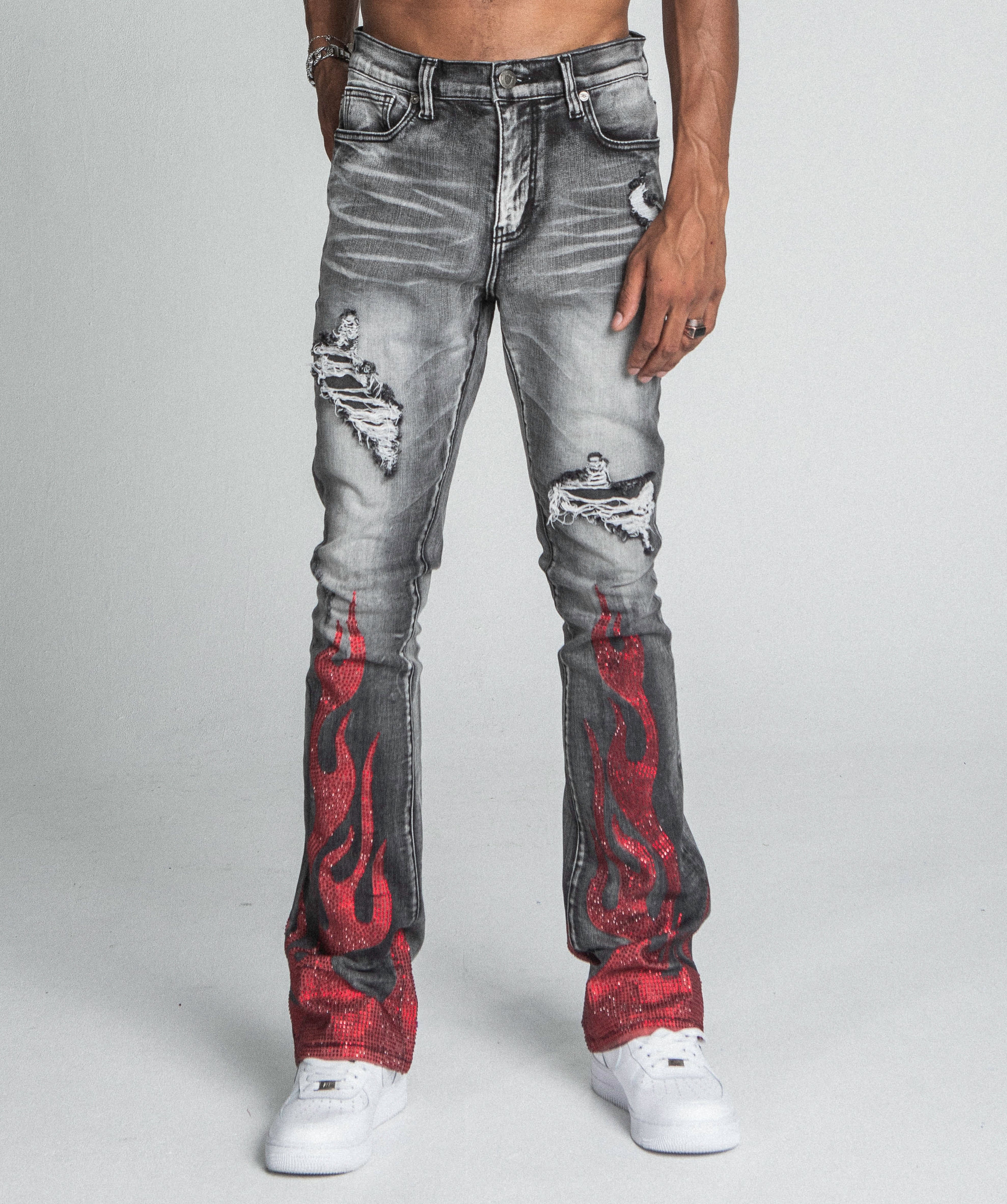 AJ23SK FLAME RHINESTONE STACKED JEANS PANTS