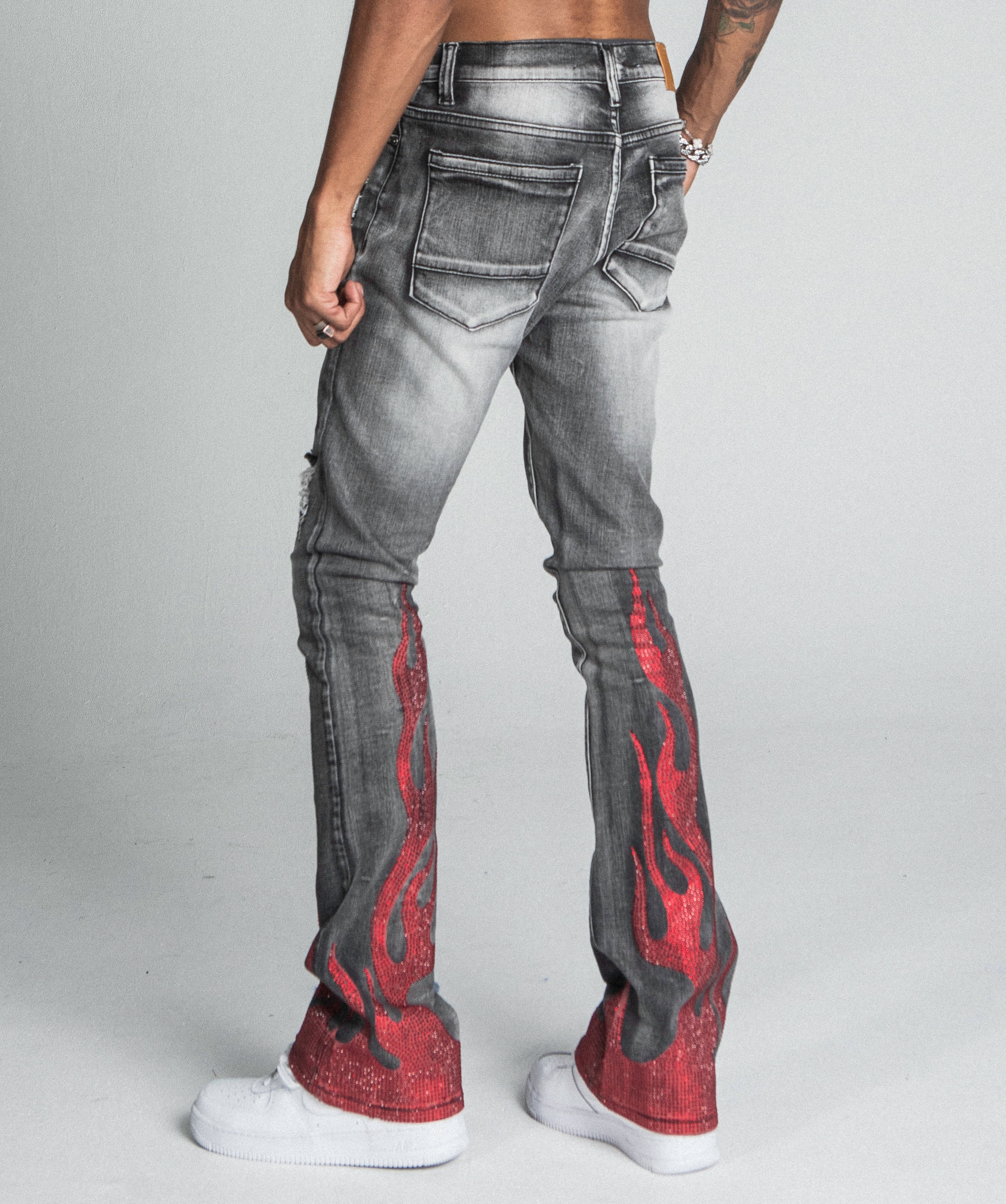 AJ23SK FLAME RHINESTONE STACKED JEANS PANTS