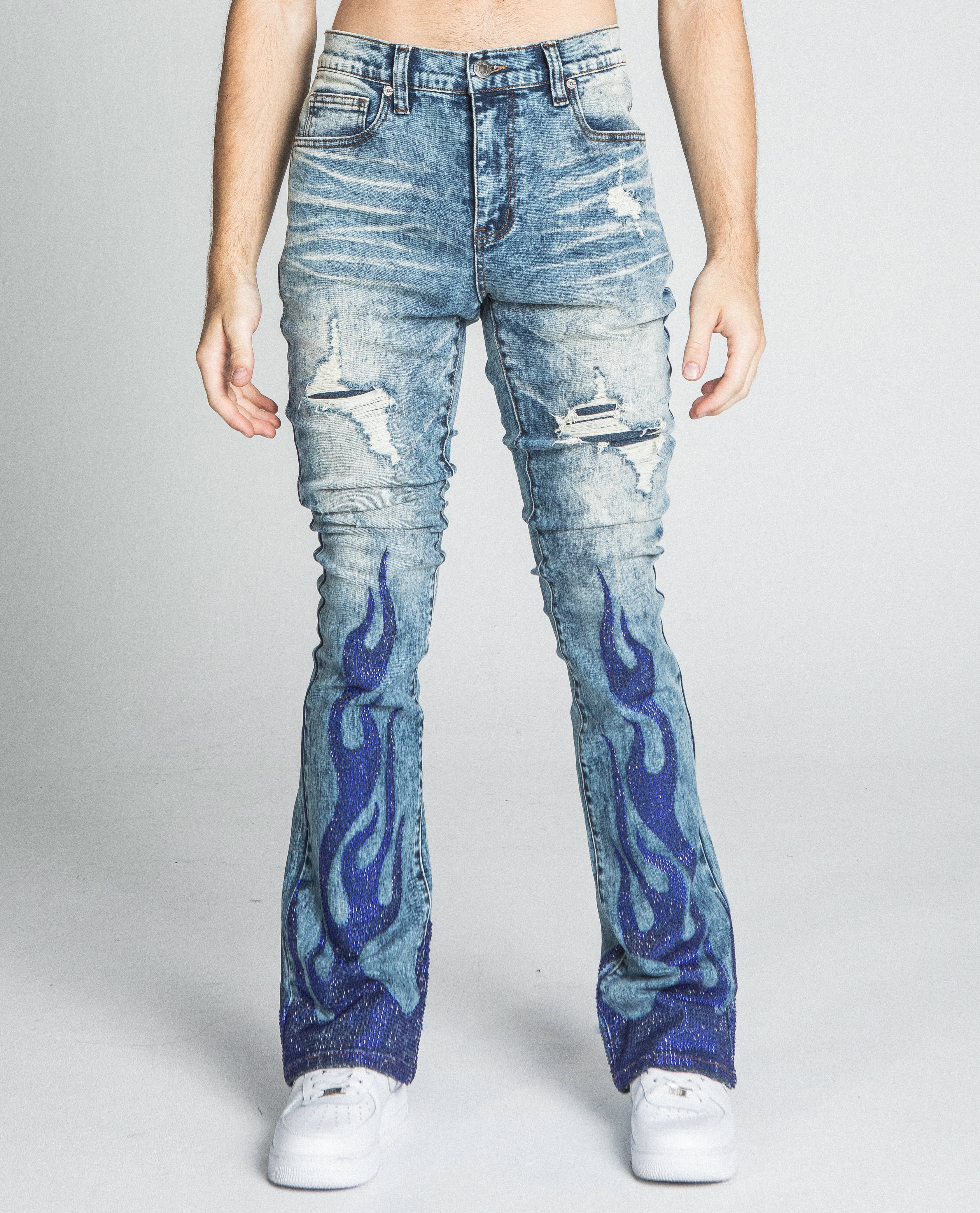 AJ23SK FLAME RHINESTONE STACKED JEANS PANTS