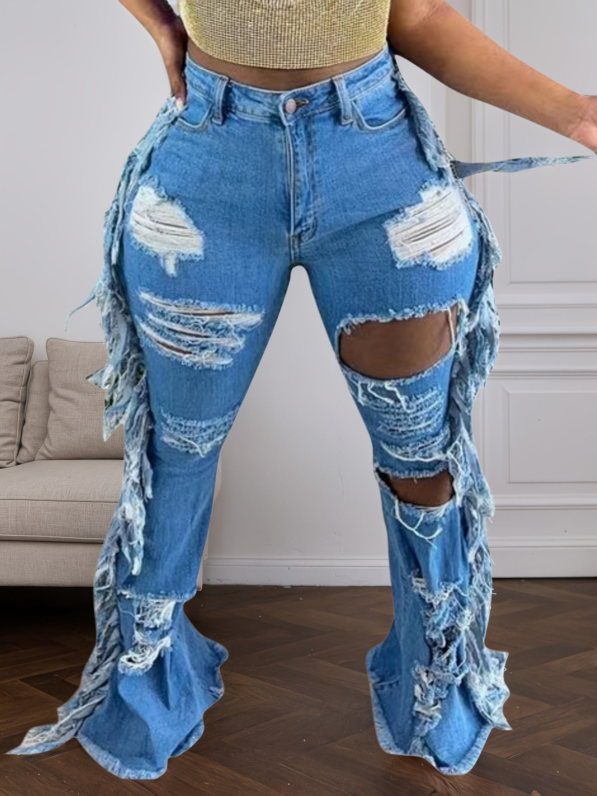 FZ Women's High Waist Skinny Flare Ripped Hole Fringed Raw Hem Denim Pants