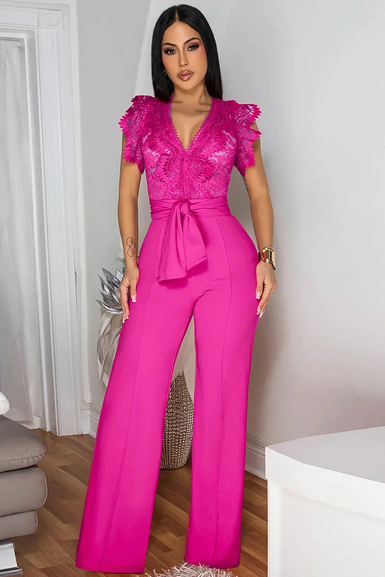 FZ Women's Hollow Out Pattern V Neck Tie Up Straight Leg Sleeveless Jumpsuit