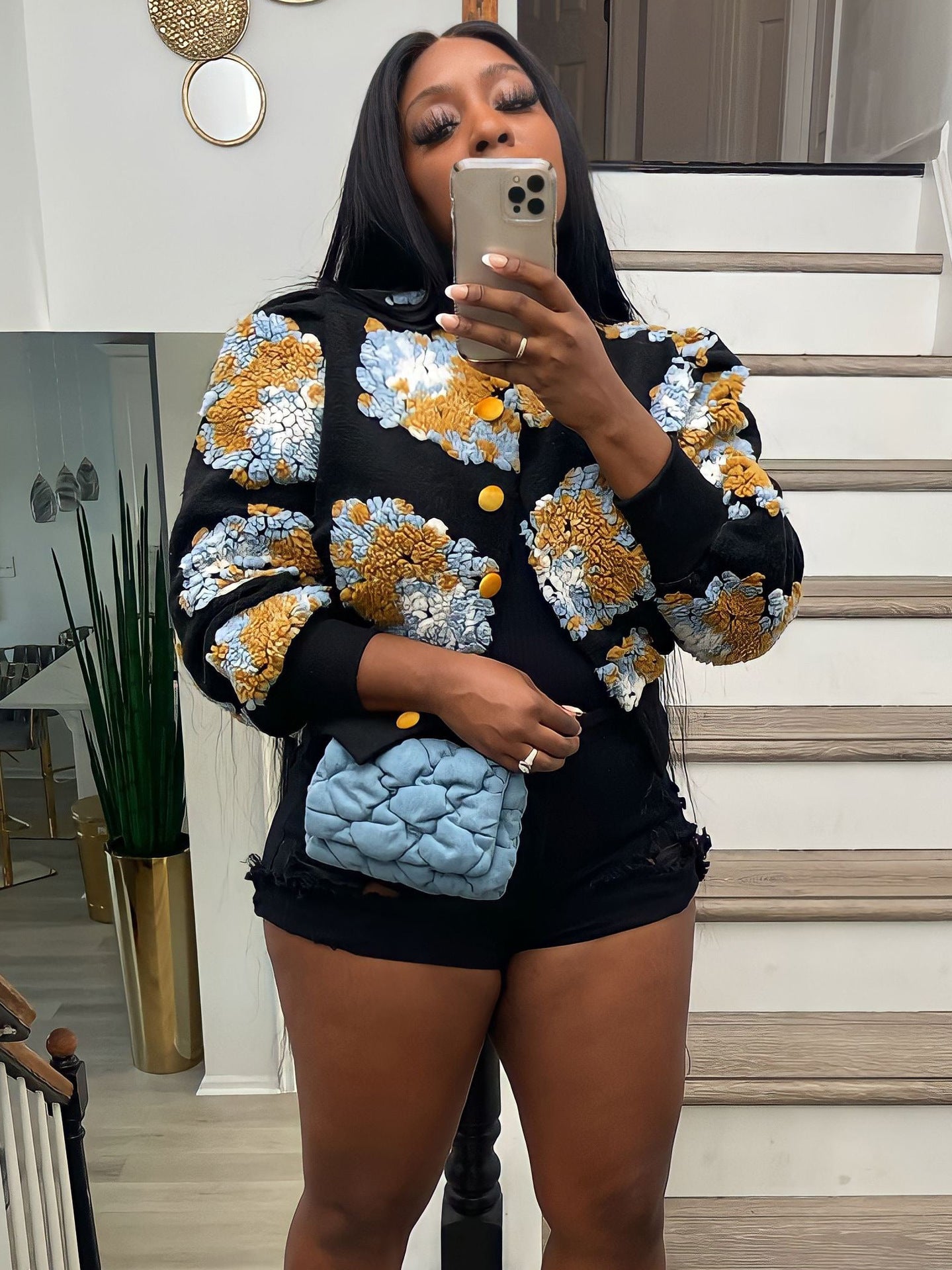 FZ Women's Retro Three Dimensional Floral Loose Single Breasted Jacket