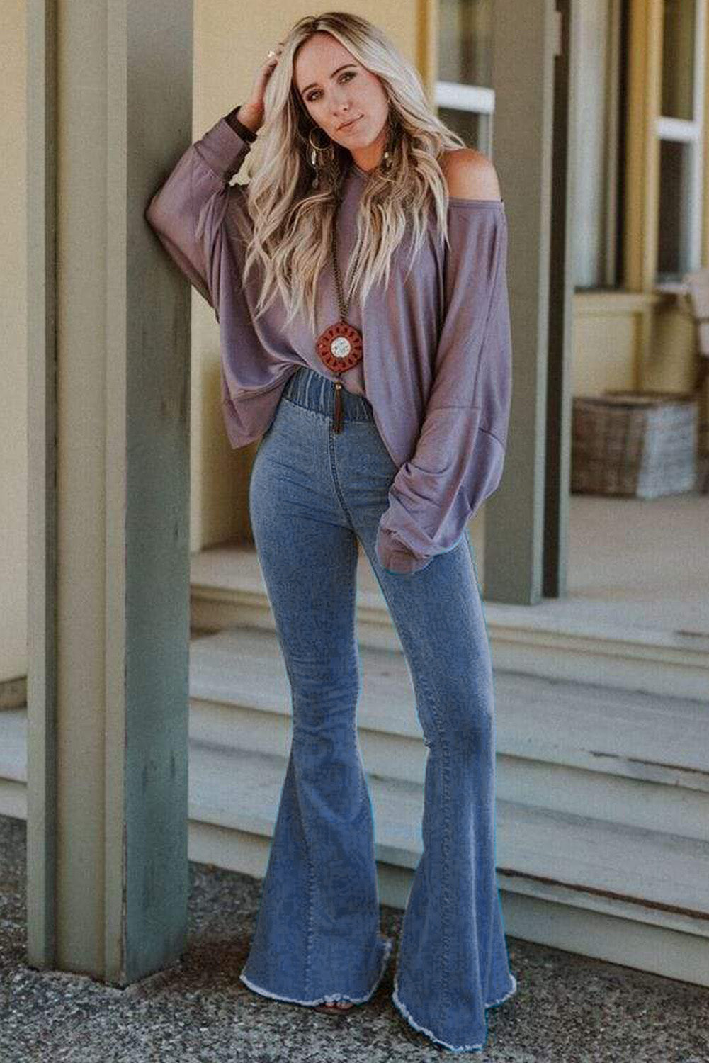 FZ Women's Elastic Waist Blue Bell Bottom Denim Pants - FZwear