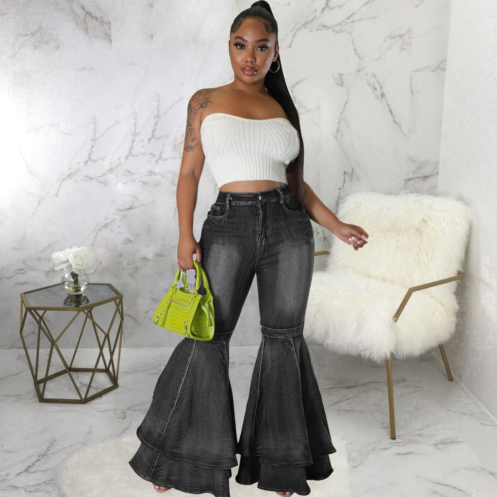 FZ Women's Wide Leg Washed Stretch Flared Denim Pants - FZwear