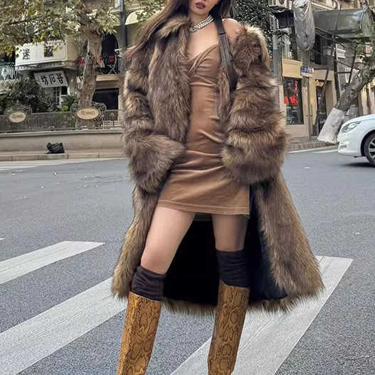 FZ Women's Faux Wolf Fur Long Cut Collared Trench Coat Jacket