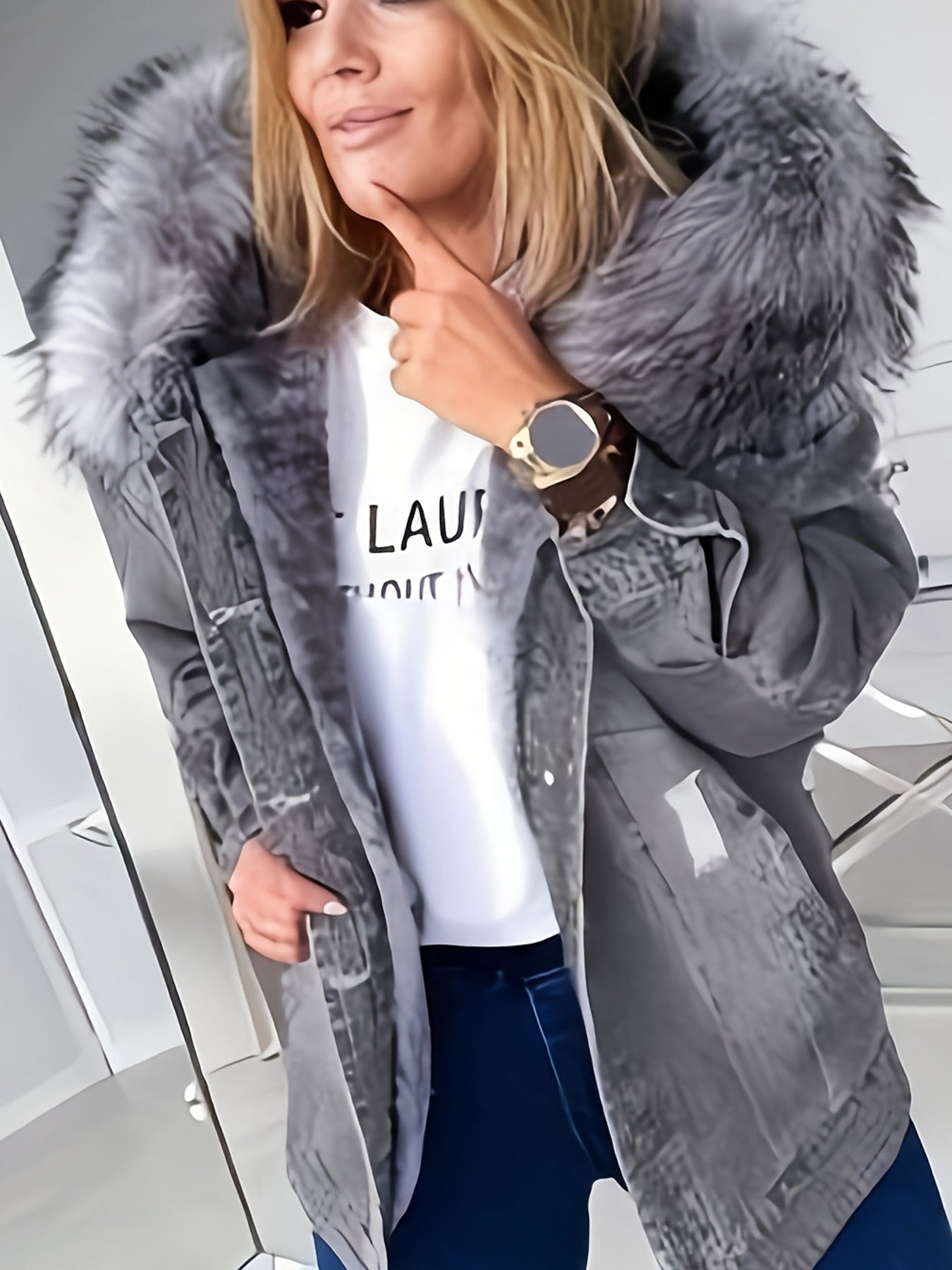 FZ Women's Slim-Fit Mid-Length Single-Breasted Faux-Fur Collar Denim Jacket