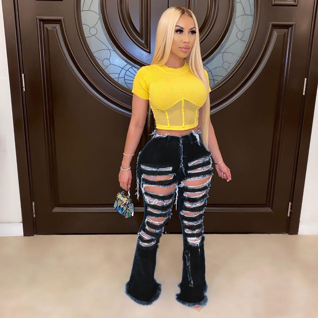 FZ Women's Hole High Waist Ripped Flare Skinny Street Denim Pants - FZwear