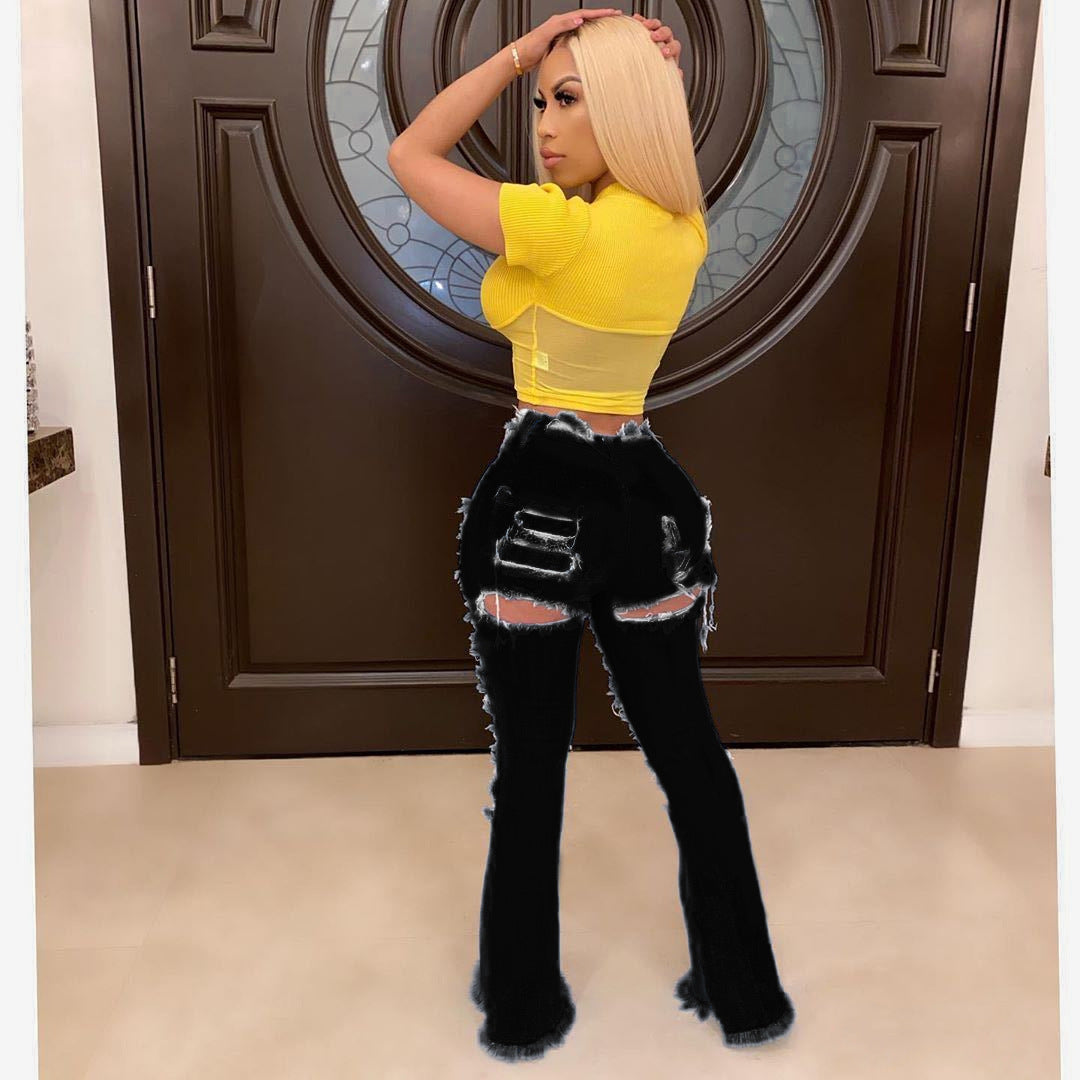 FZ Women's Hole High Waist Ripped Flare Skinny Street Denim Pants - FZwear