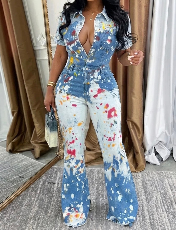 FZ Women's Splash Ink Print Short Sleeve Bootcut Casual Denim Jumpsuit