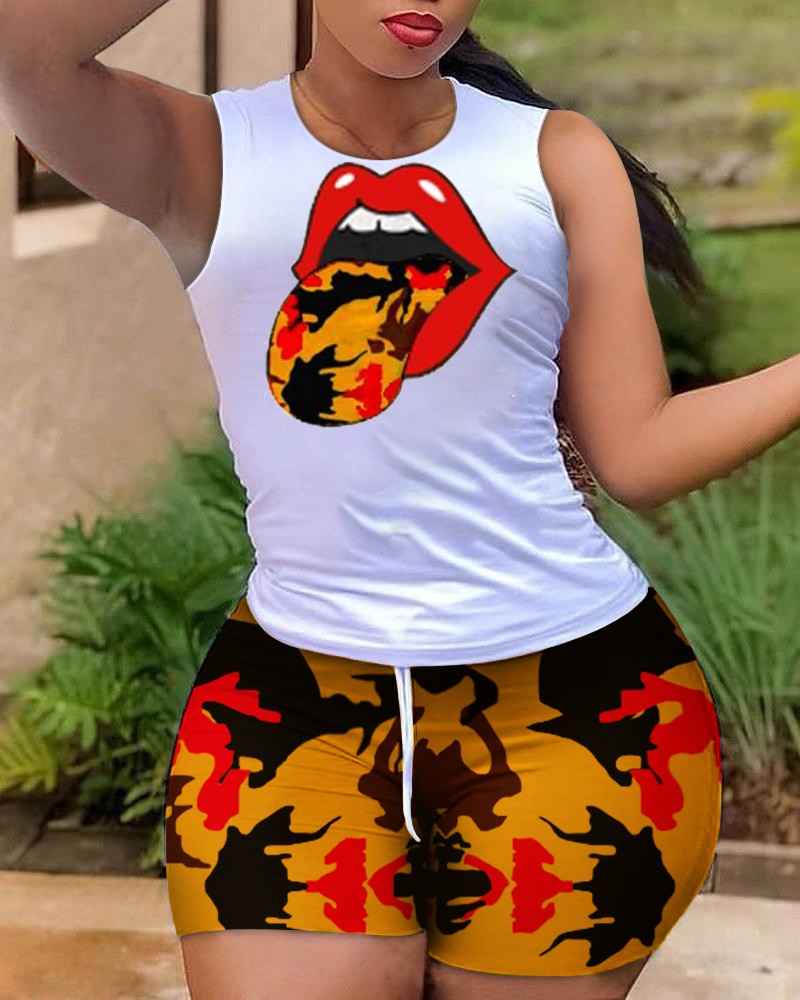 FZ Women's Lip Print Drawstring Shorts Set - FZwear