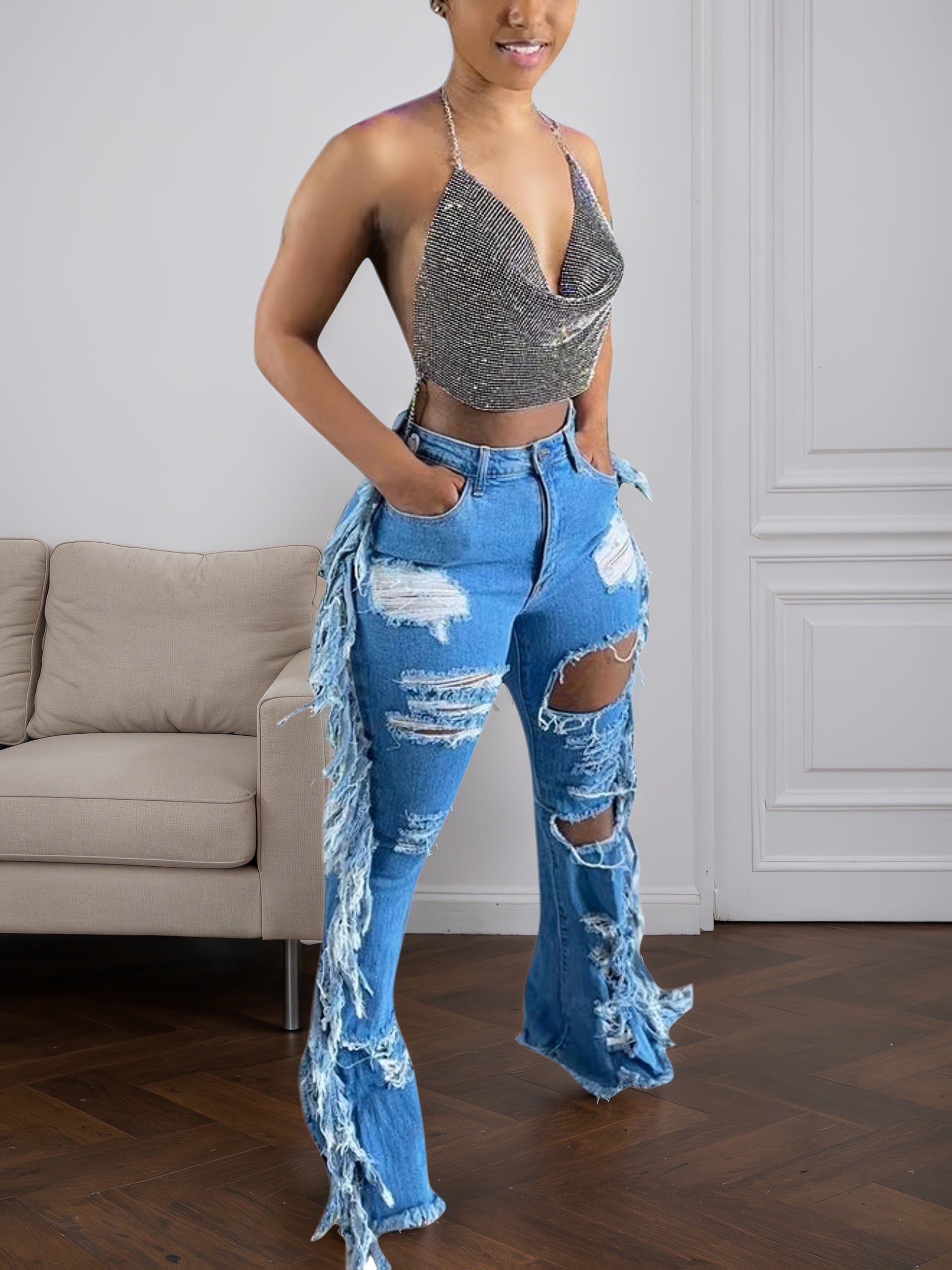 FZ Women's High Waist Skinny Flare Ripped Hole Fringed Raw Hem Denim Pants