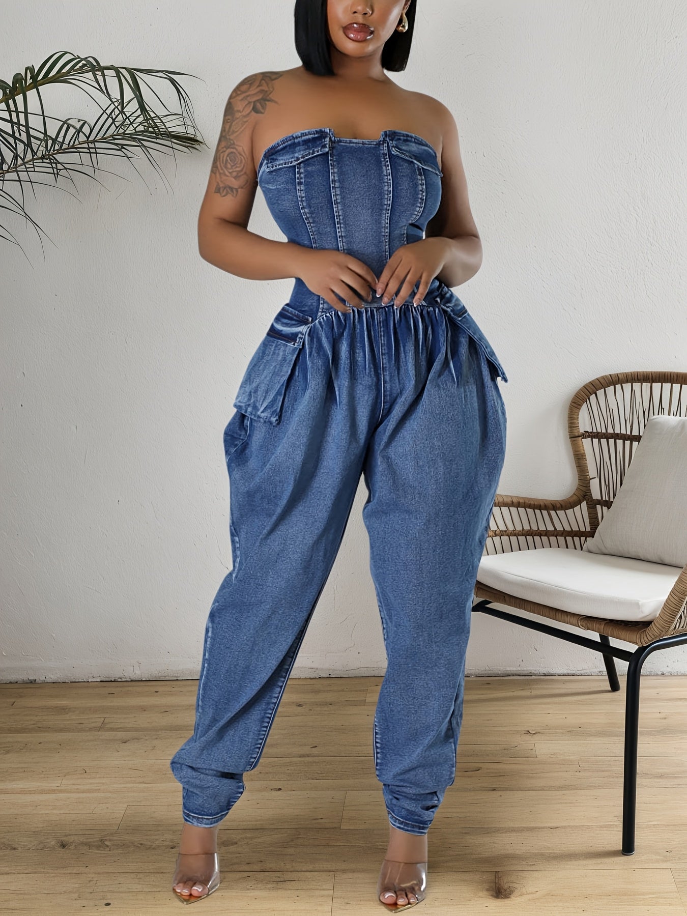 FZ Women's Cargo Fashion Sleeveless With Pockets Strapless Denim Jumpsuit
