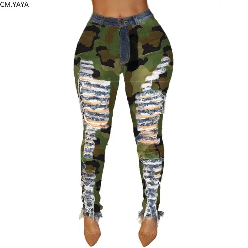 2019 New Autumn Winter Female Denim Pants Women Skinny Hole Spliced Camouflage Print Jeans Sexy Pencil Bandage Trousers FZwear