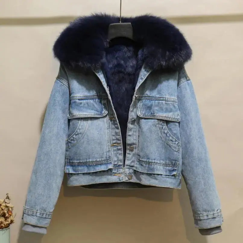 2023 Korean Detachable Rabbit Fur Liner Jean Coat Velvet Real Fox Fur Collar Short Denim Fur Jacket Thick Parkas for Women FZwear