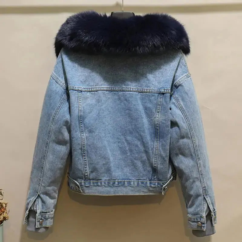 2023 Korean Detachable Rabbit Fur Liner Jean Coat Velvet Real Fox Fur Collar Short Denim Fur Jacket Thick Parkas for Women FZwear
