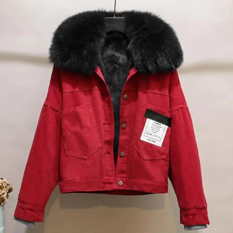 2023 winter fashion velvet thick denim jacket women Korean loose casual rabbit fur liner real fur collar Parkas outerwear FZwear
