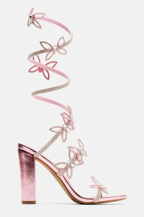 2024 Summer Design Crystal Butterfly Square Heel Sandals Women Ankle Snake Twine Around Wedding Party Shoes High Heels 44 FZwear
