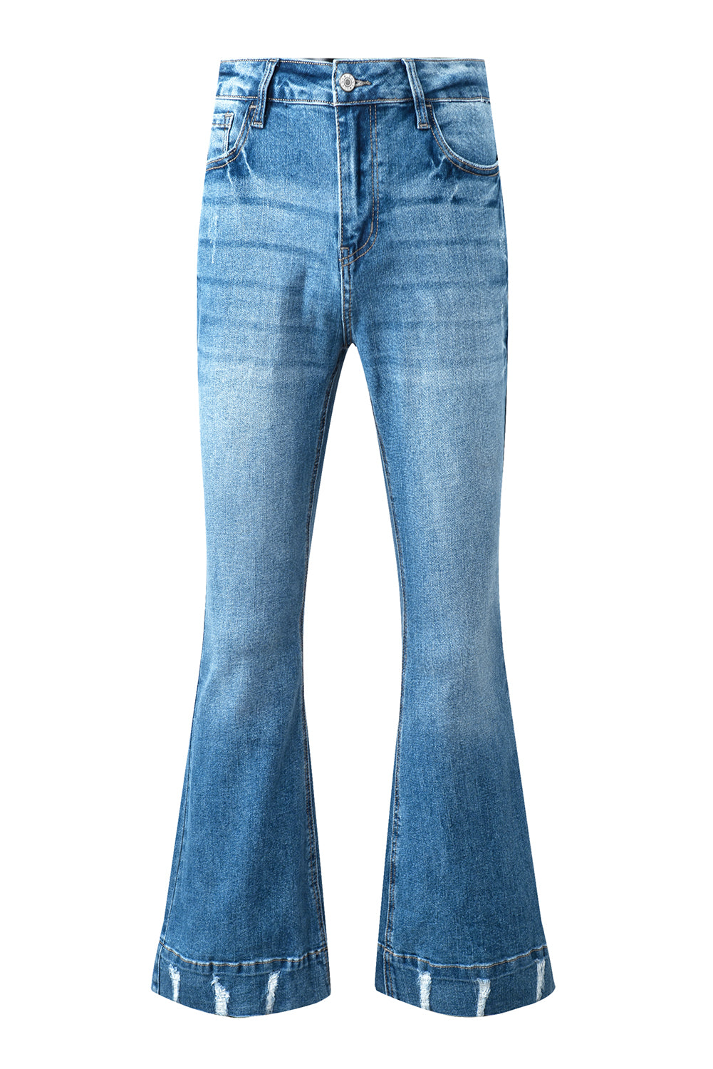 Sky Blue Slight Distressed Medium Wash Flare Jeans - FZwear