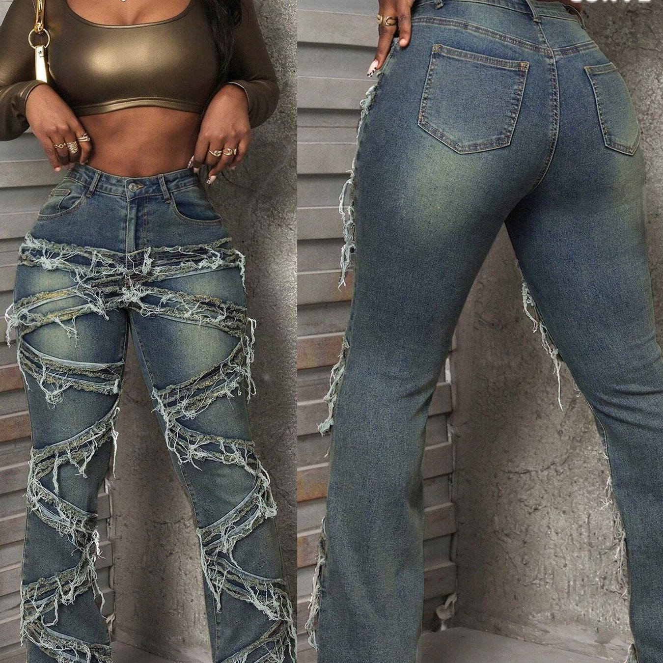 FZ Women's Plus Size High - Waisted Distressed Flared Denim Pants