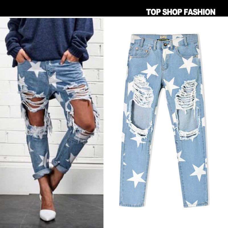 FZ Women's Ripped Denim Loose Straight Printed Pants - FZwear