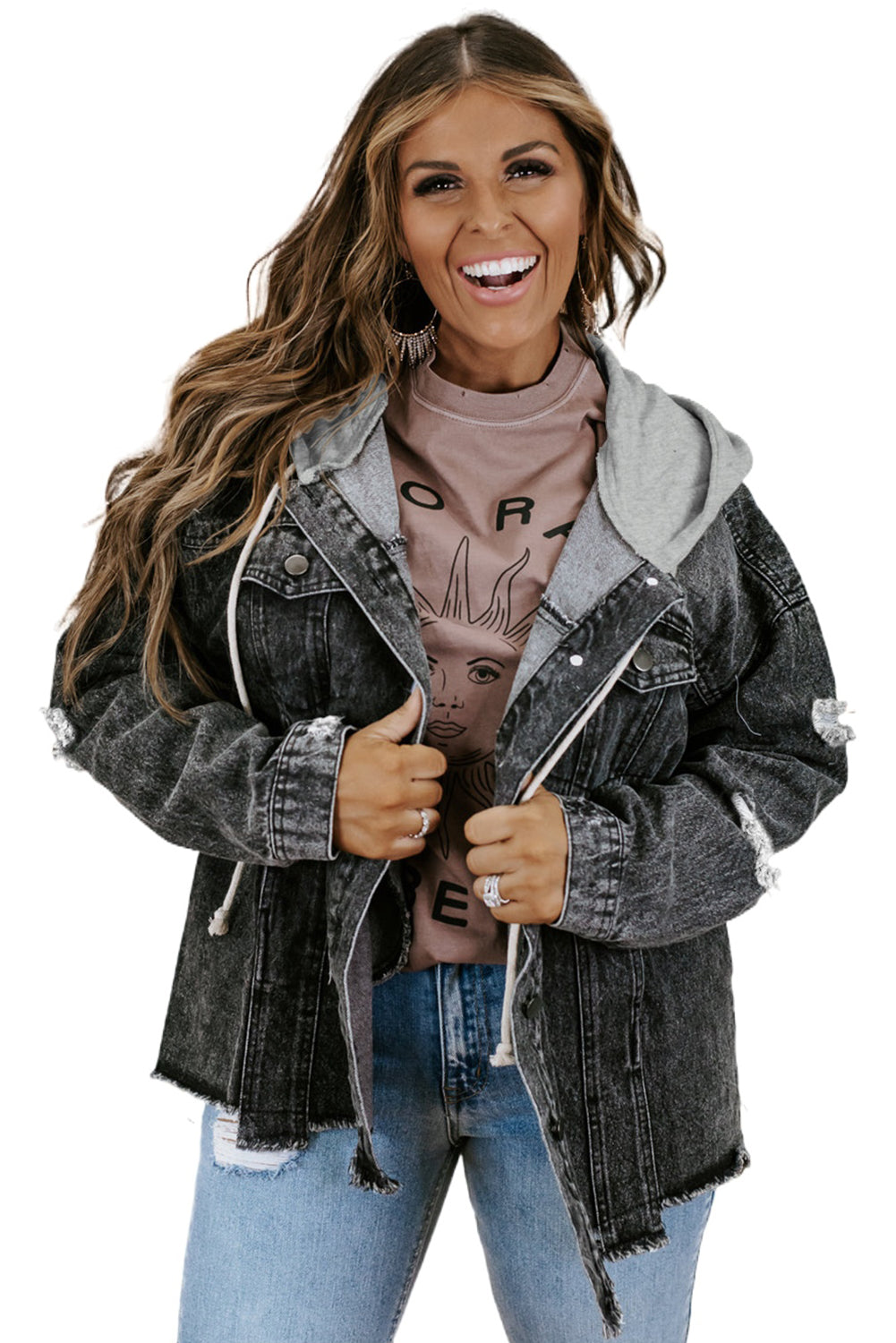 FZ Women's Drawstring Hooded Frayed Denim Jacket - FZwear