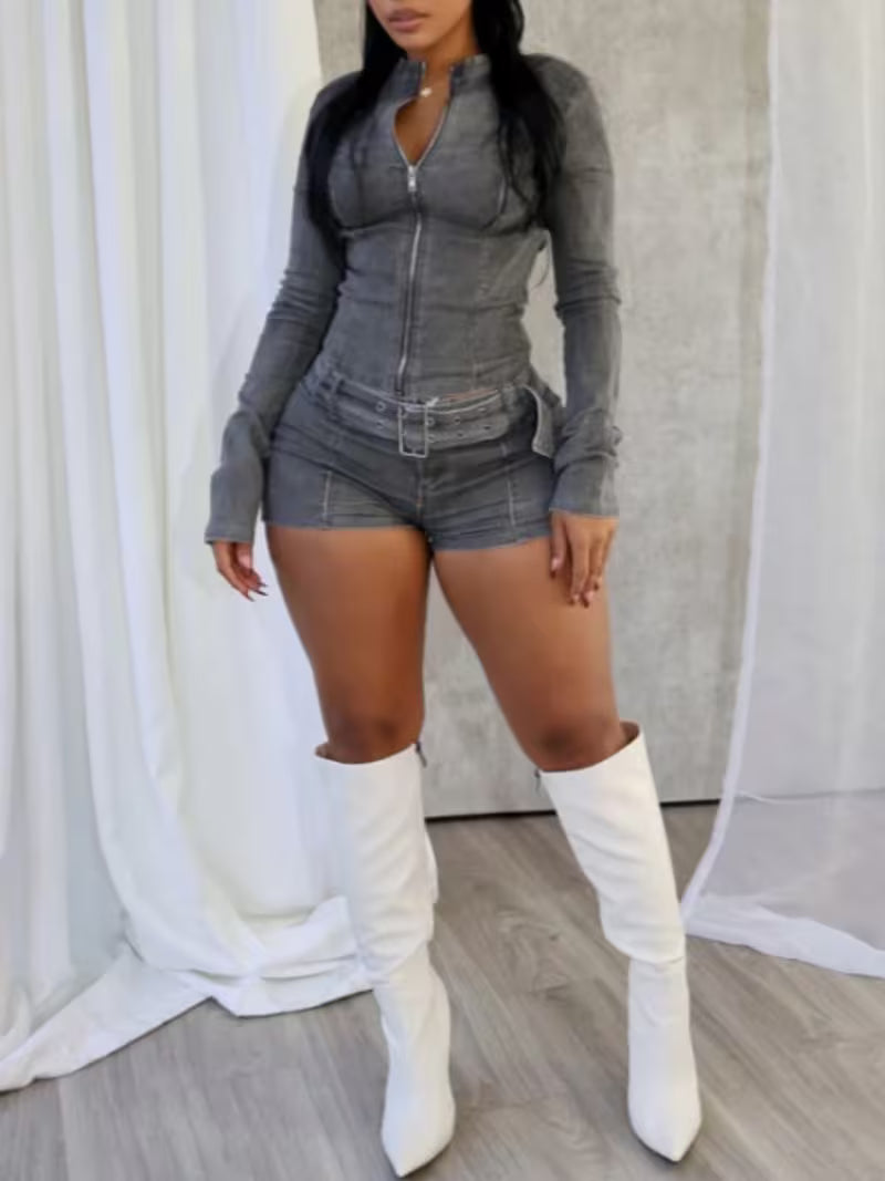 FZ Women's Y2K Long-Sleeve Belted Design 2pcs Denim Shorts Suit