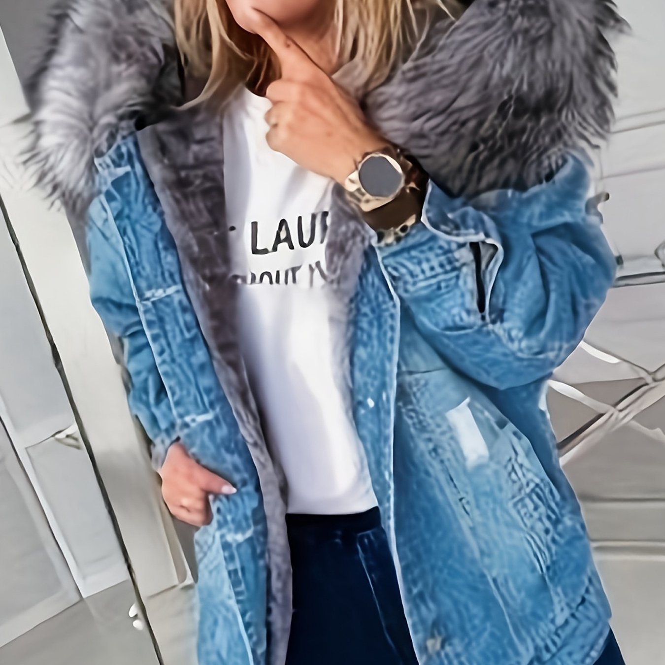 FZ Women's Slim-Fit Mid-Length Single-Breasted Faux-Fur Collar Denim Jacket