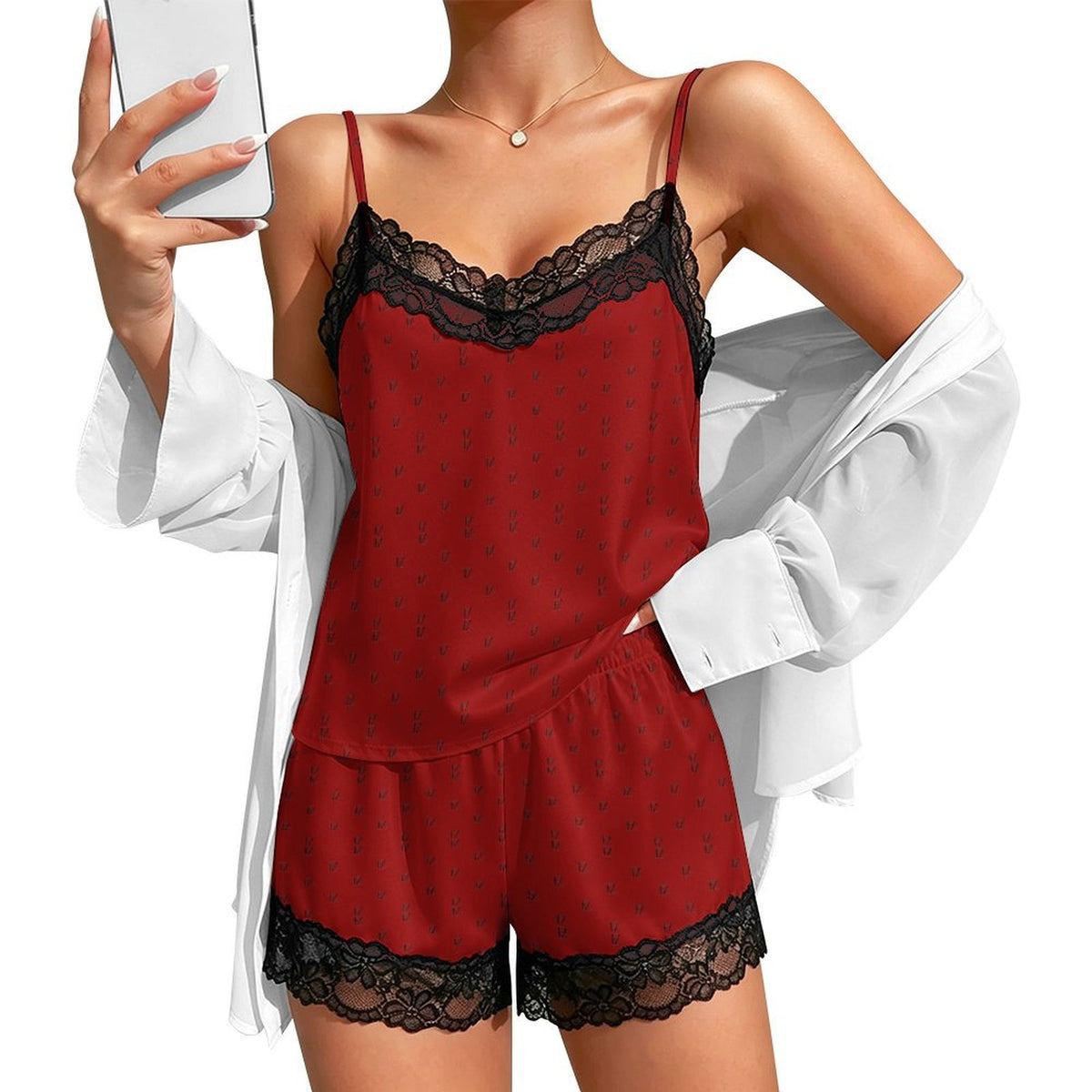 Custom Women Lace V Neck Spaghetti Strap Camisole Shorts Pajama Set