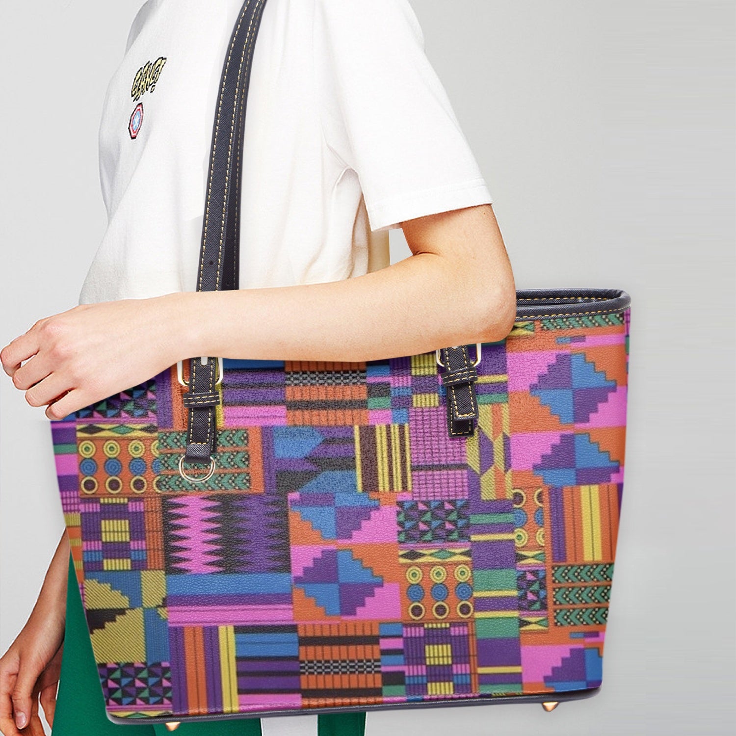 FZ African Print Large Leather Tote Bag JetPrint