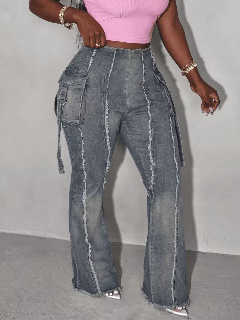 FZ Women's Plus Size Frayed Edges Multiple Pockets Split Line Fringe Trim Denim Pants