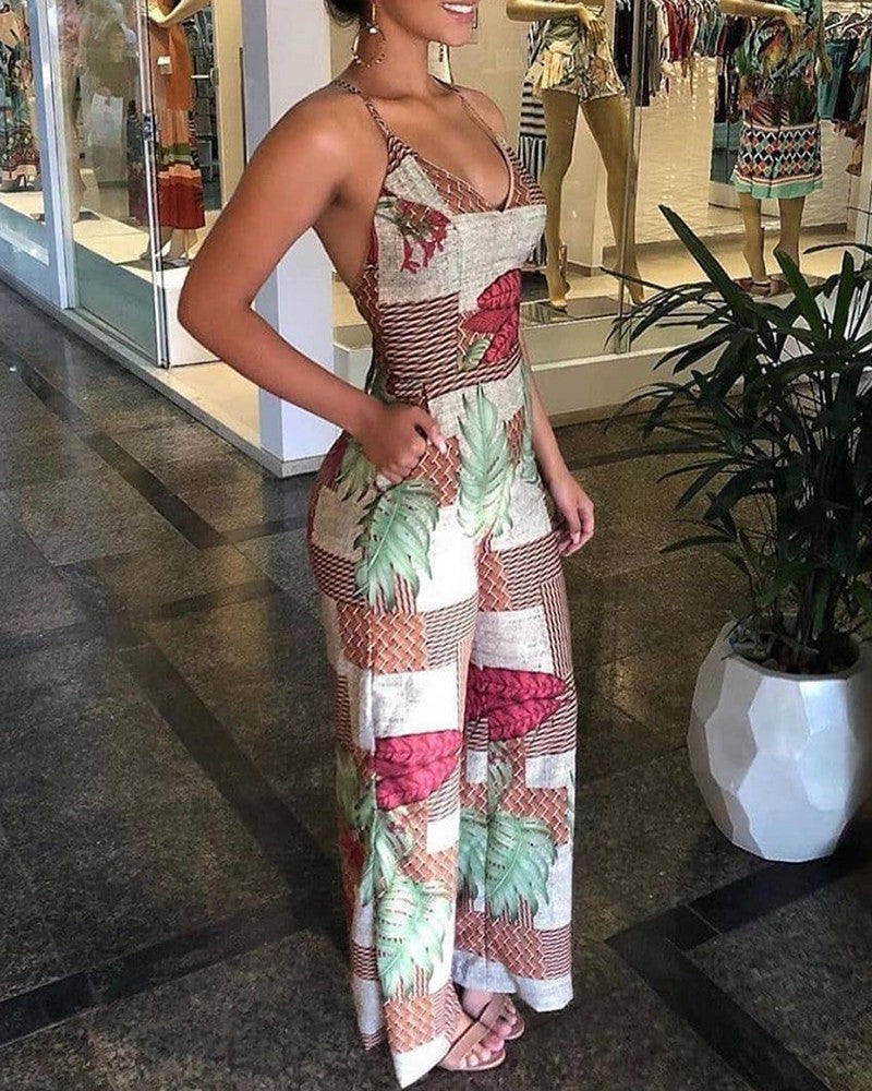 FZ Women's Tropical Print Spaghetti Strap Jumpsuit - FZwear