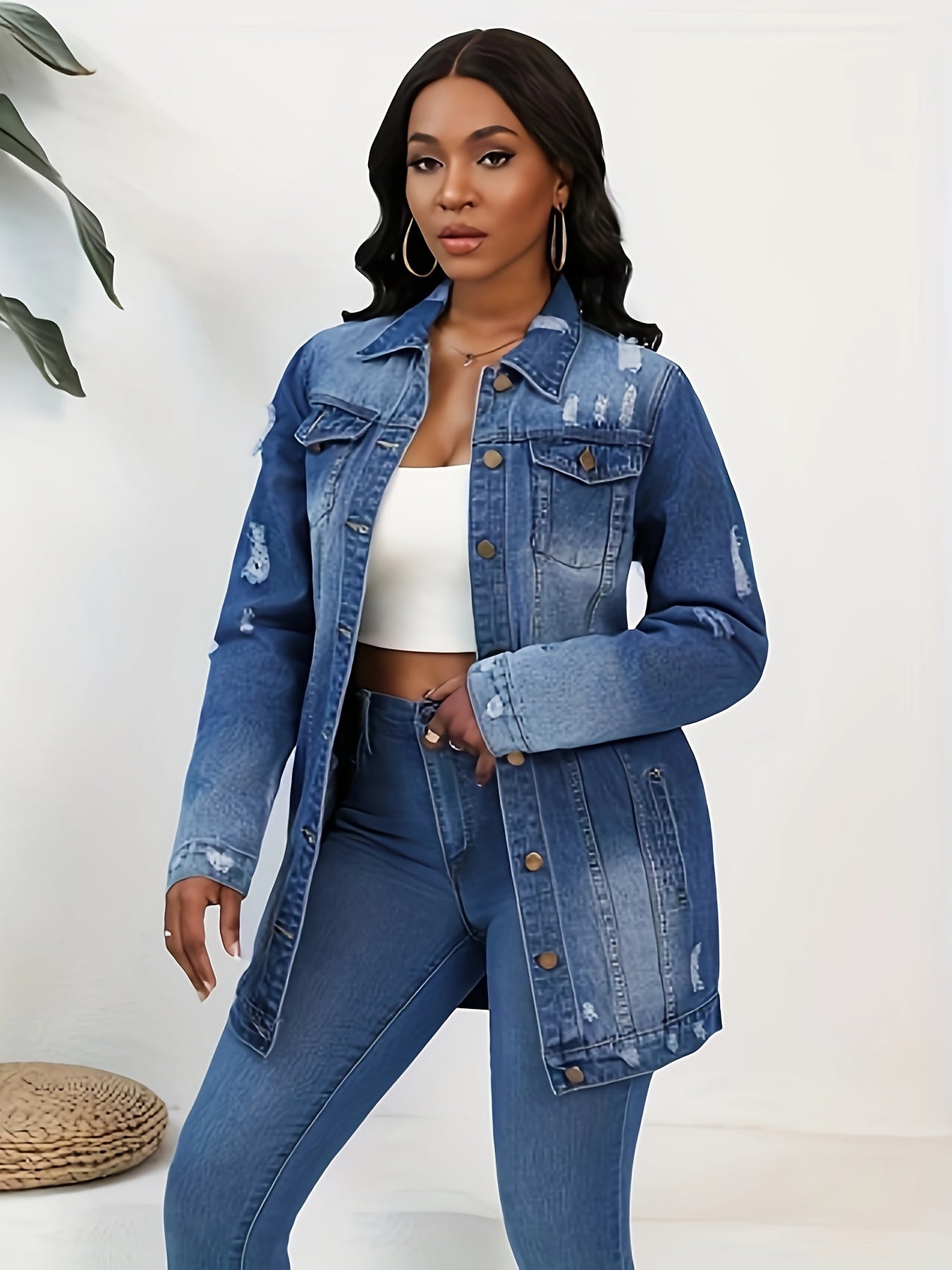 FZ Women's Solid Ripped Turn-down Collar Loose Casual Denim Jacket