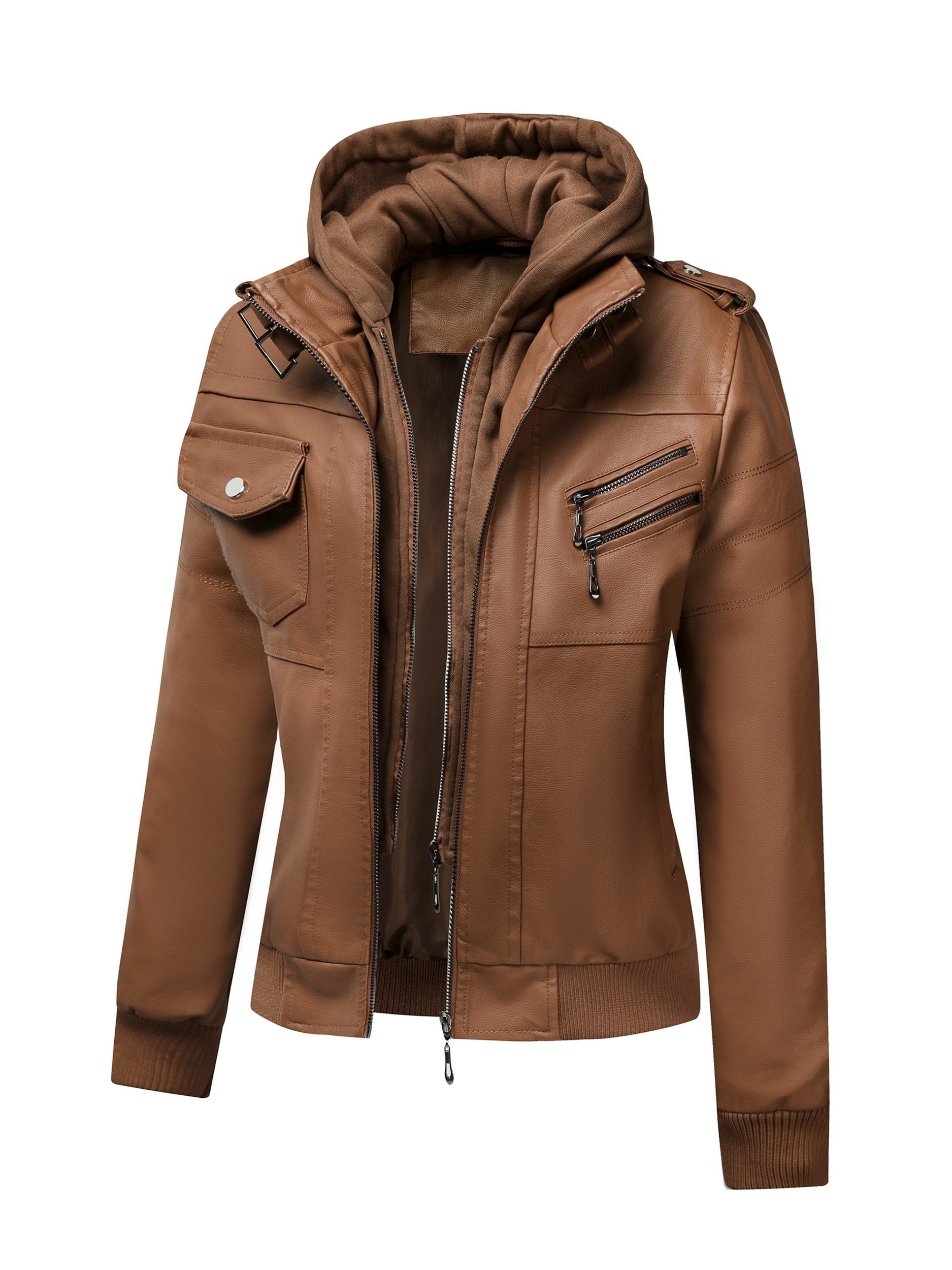 FZ Women's Vintage-Style Detachable Hood PU Leather Jacket