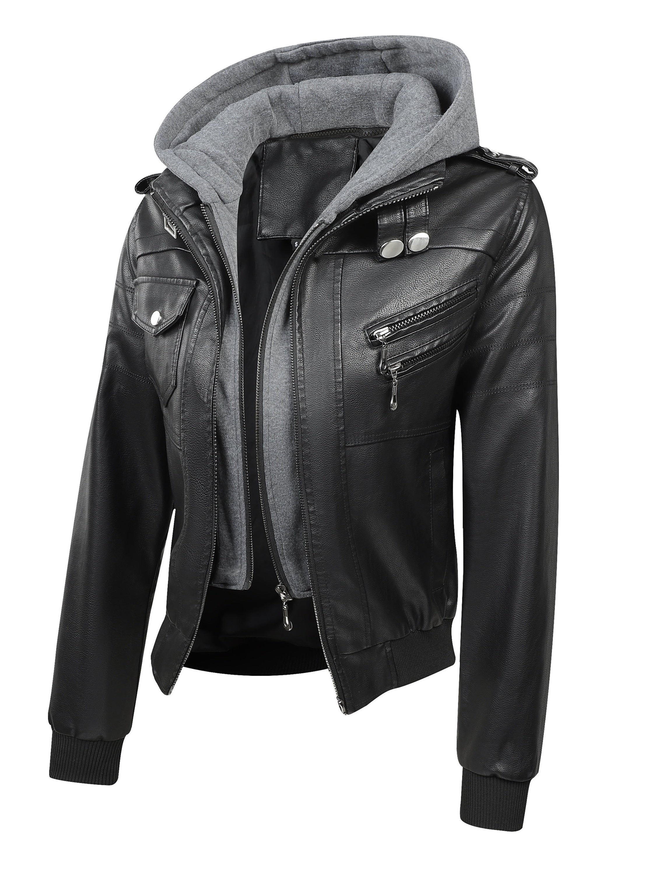 FZ Women's Vintage-Style Detachable Hood PU Leather Jacket
