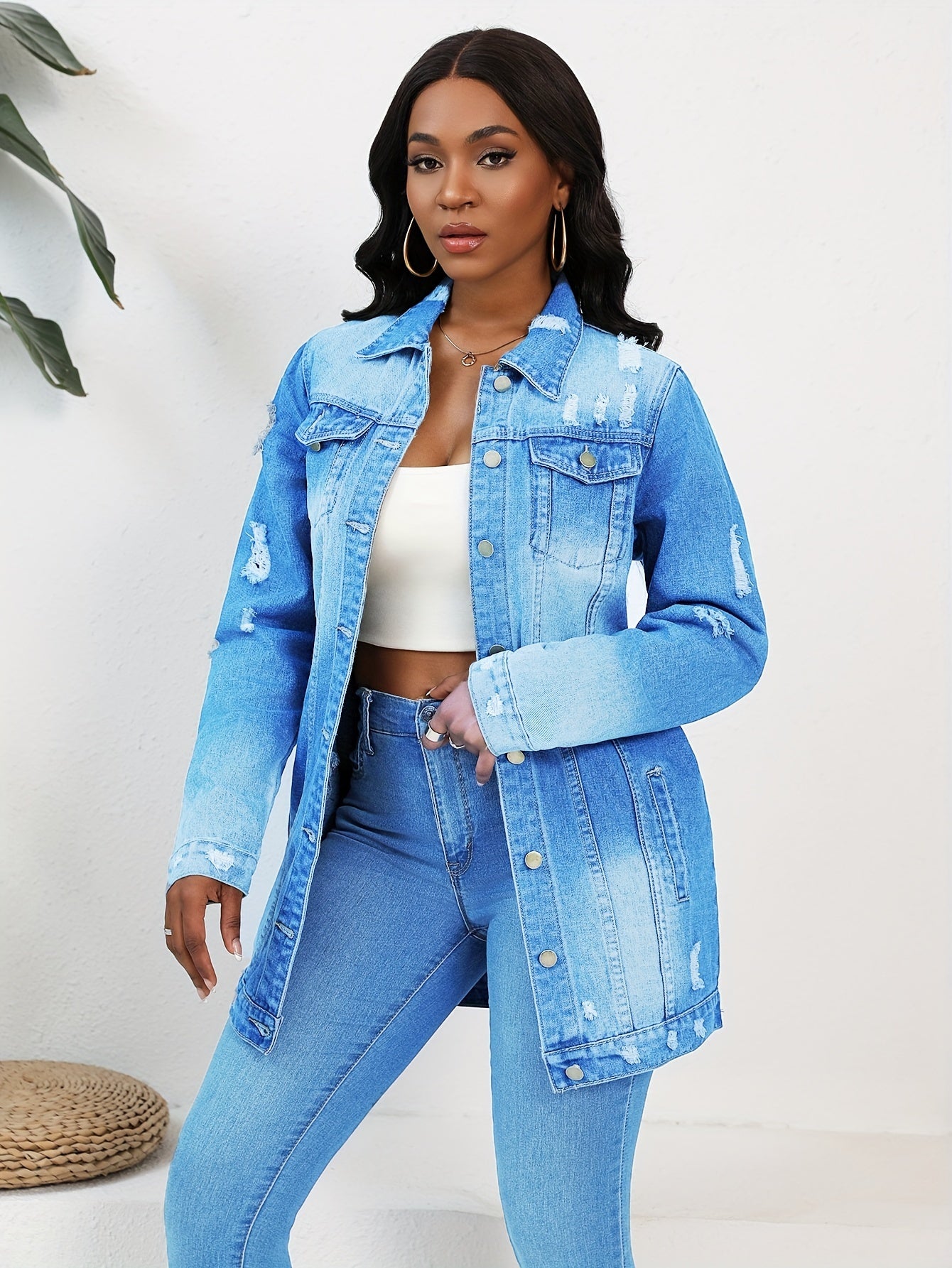 FZ Women's Solid Ripped Turn-down Collar Loose Casual Denim Jacket
