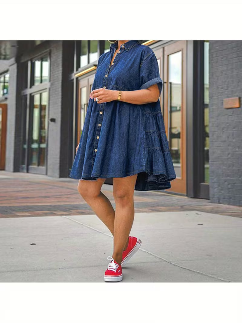 FZ Women's Plus Size Loose Lapel Short Sleeve Shaggy Denim Dress