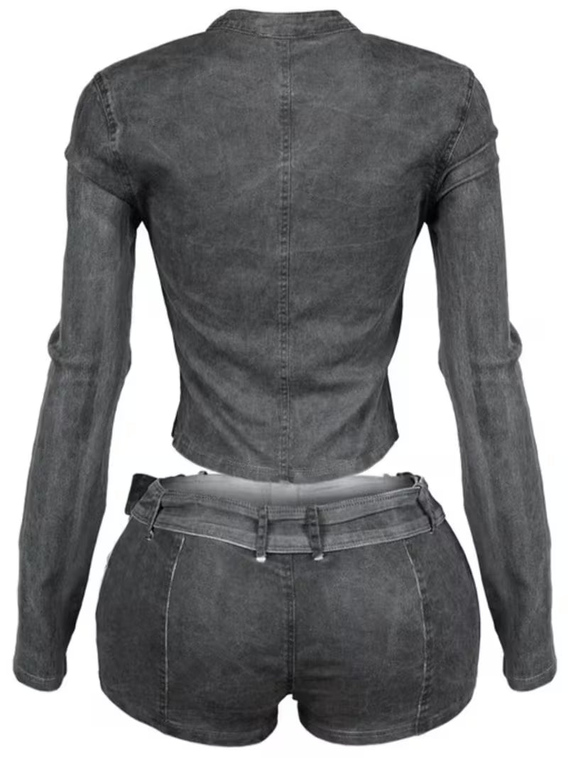 FZ Women's Y2K Long-Sleeve Belted Design 2pcs Denim Shorts Suit