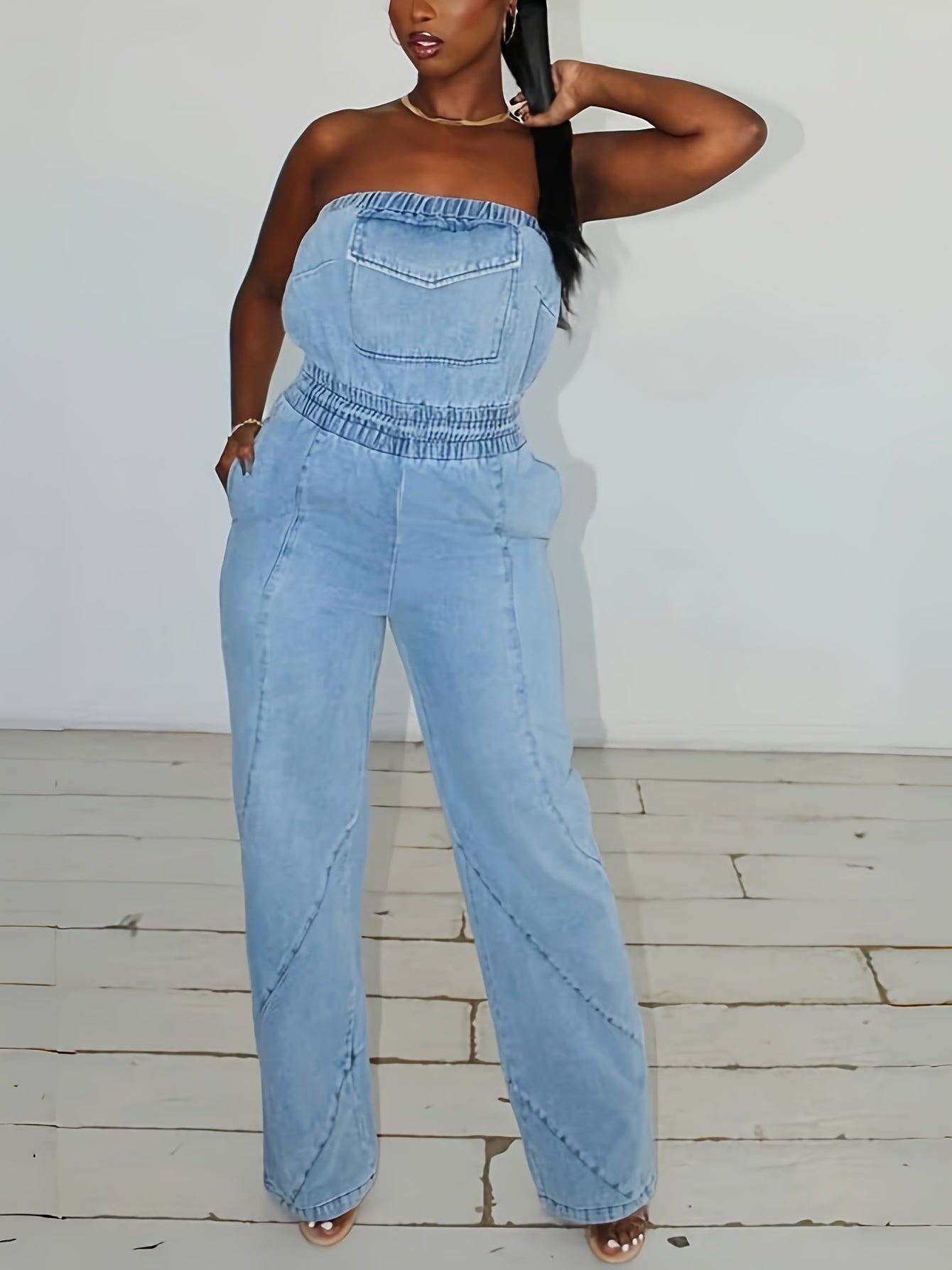 FZ Women's Y2K Strapless Wide-Leg Retro Streetwear Denim Jumpsuit