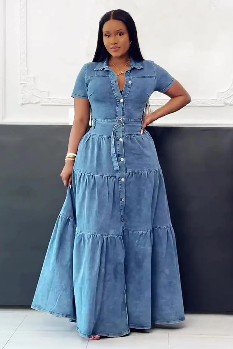 FZ Women's Button Up Short Sleeve Tiered Hem Daily Maxi Denim Dress