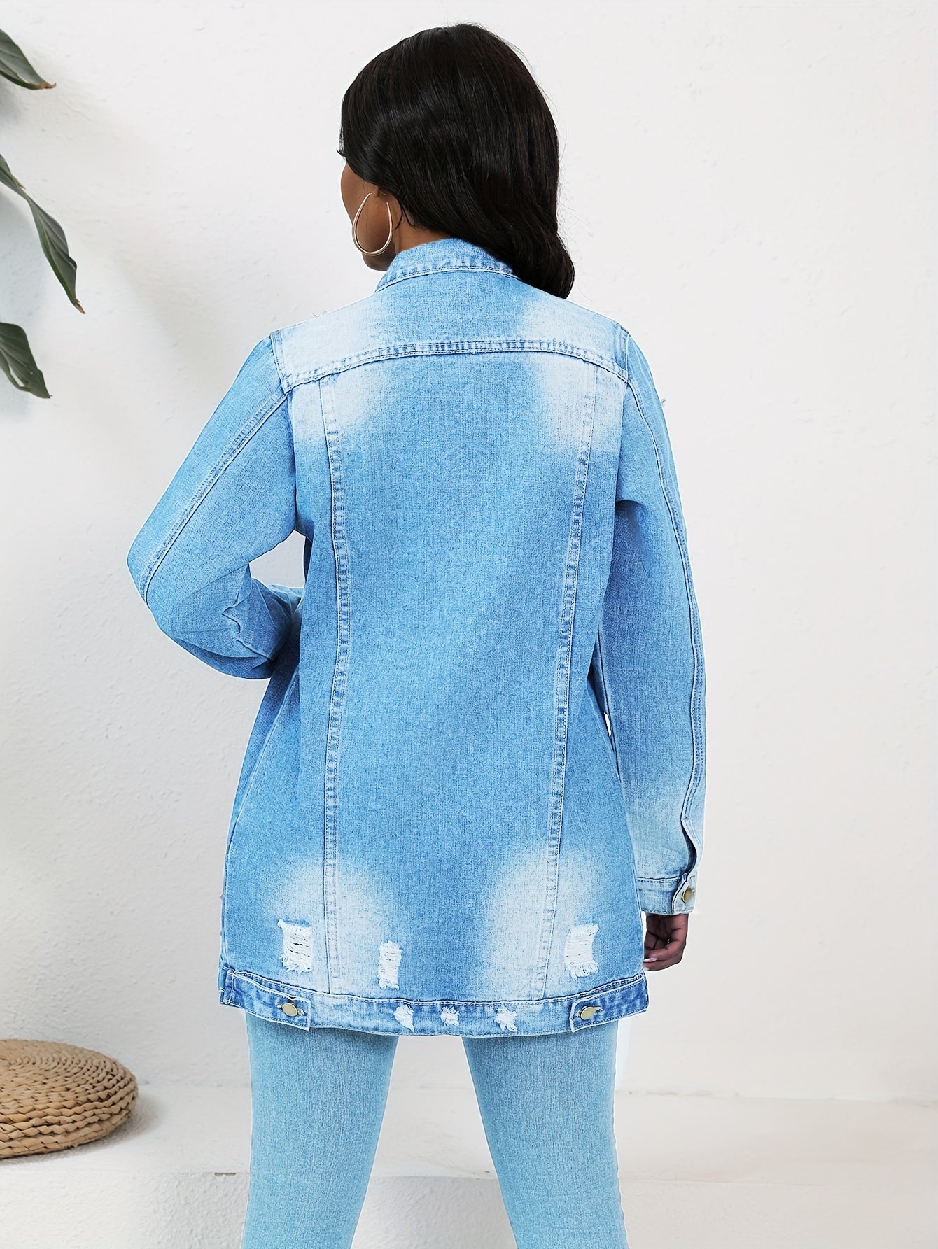 FZ Women's Solid Ripped Turn-down Collar Loose Casual Denim Jacket