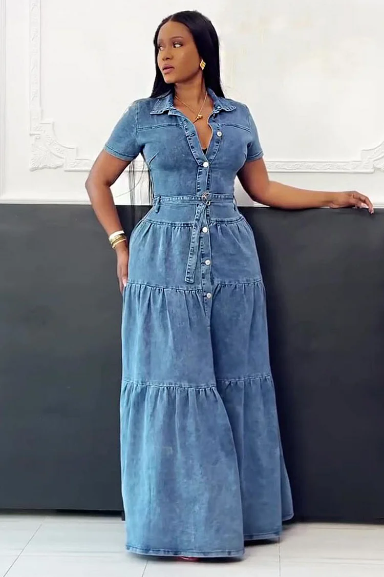 FZ Women's Button Up Short Sleeve Tiered Hem Daily Maxi Denim Dress