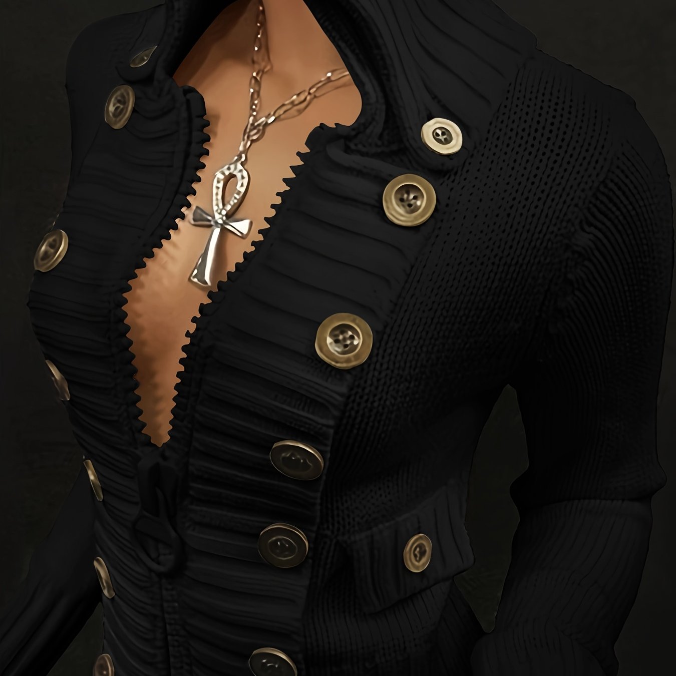 FZ Women's Multi-button decorated large zipper slim-fit Sweater jacket