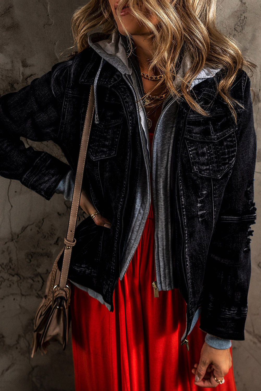 FZ Women's Fake Two-Piece Hooded Zip-Up Denim Jacket - FZwear