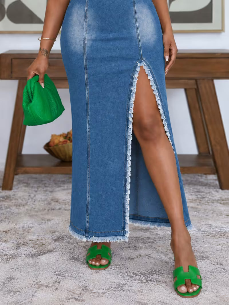 FZ Women's V-Neck Frayed Edges Lace Trim High Slit Denim Dress,