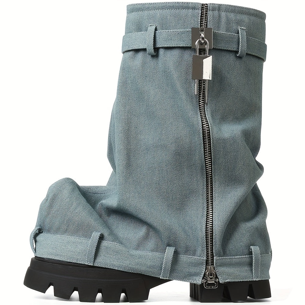 FZ Women's Mid-Calf Side Pockets & Buckle Straps Platform Wedge Denim Boots