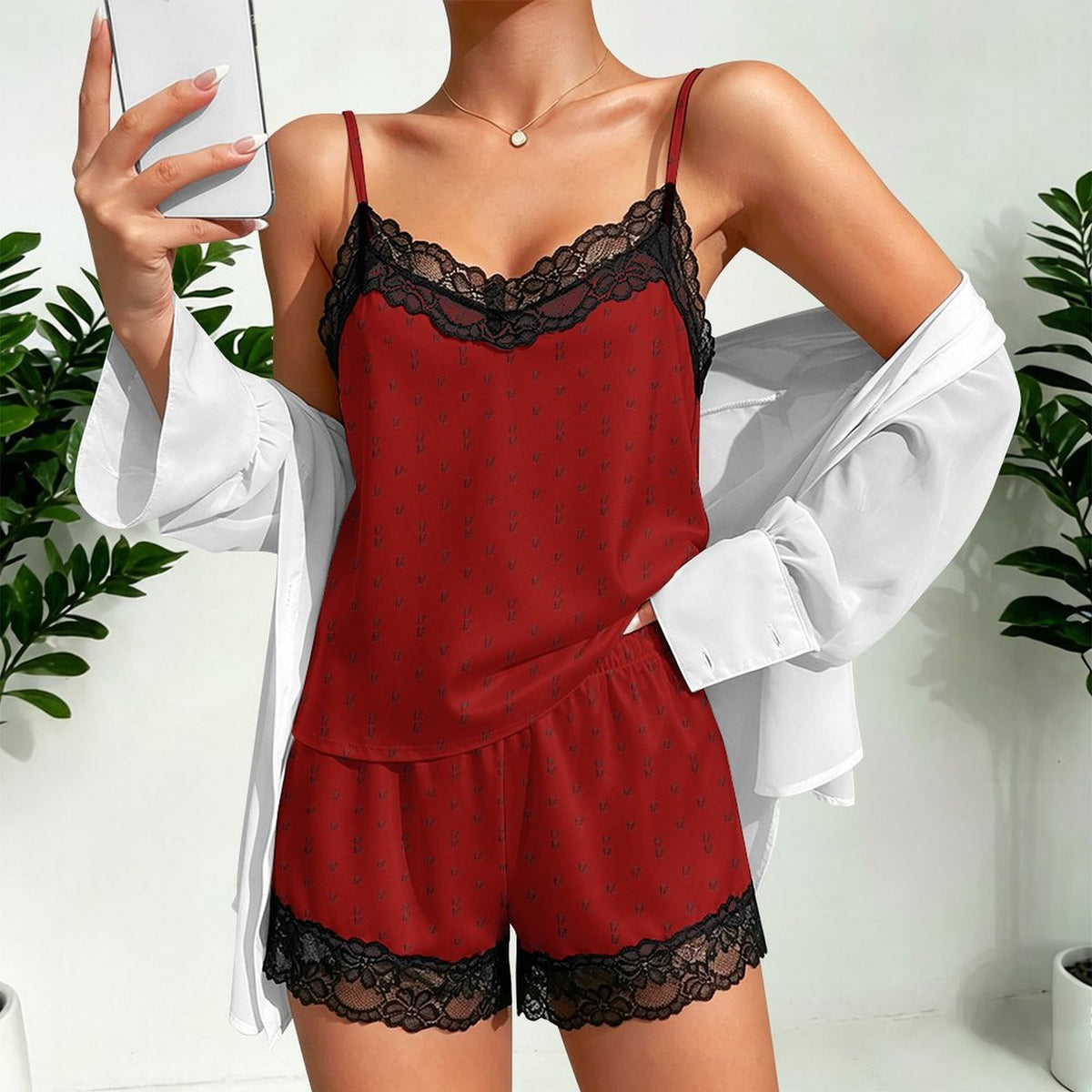 Custom Women Lace V Neck Spaghetti Strap Camisole Shorts Pajama Set